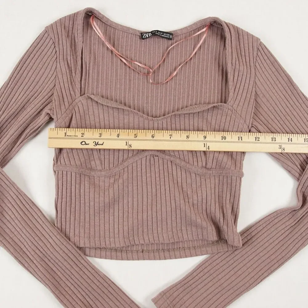 Zara Long Sleeve Brown Mauve Ribbed Long sleeve Crop Top Womens Sz S